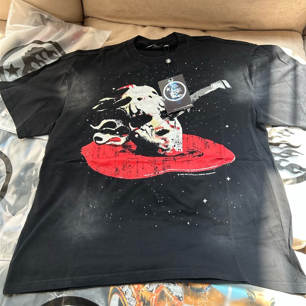 Black Graphic T-Shirt with Red and White Design